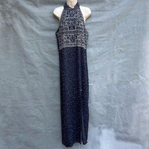 SCALA 100% Silk Beaded Maxi Dress Gown Halter Blue Silver 80's Vintage Cocktail
